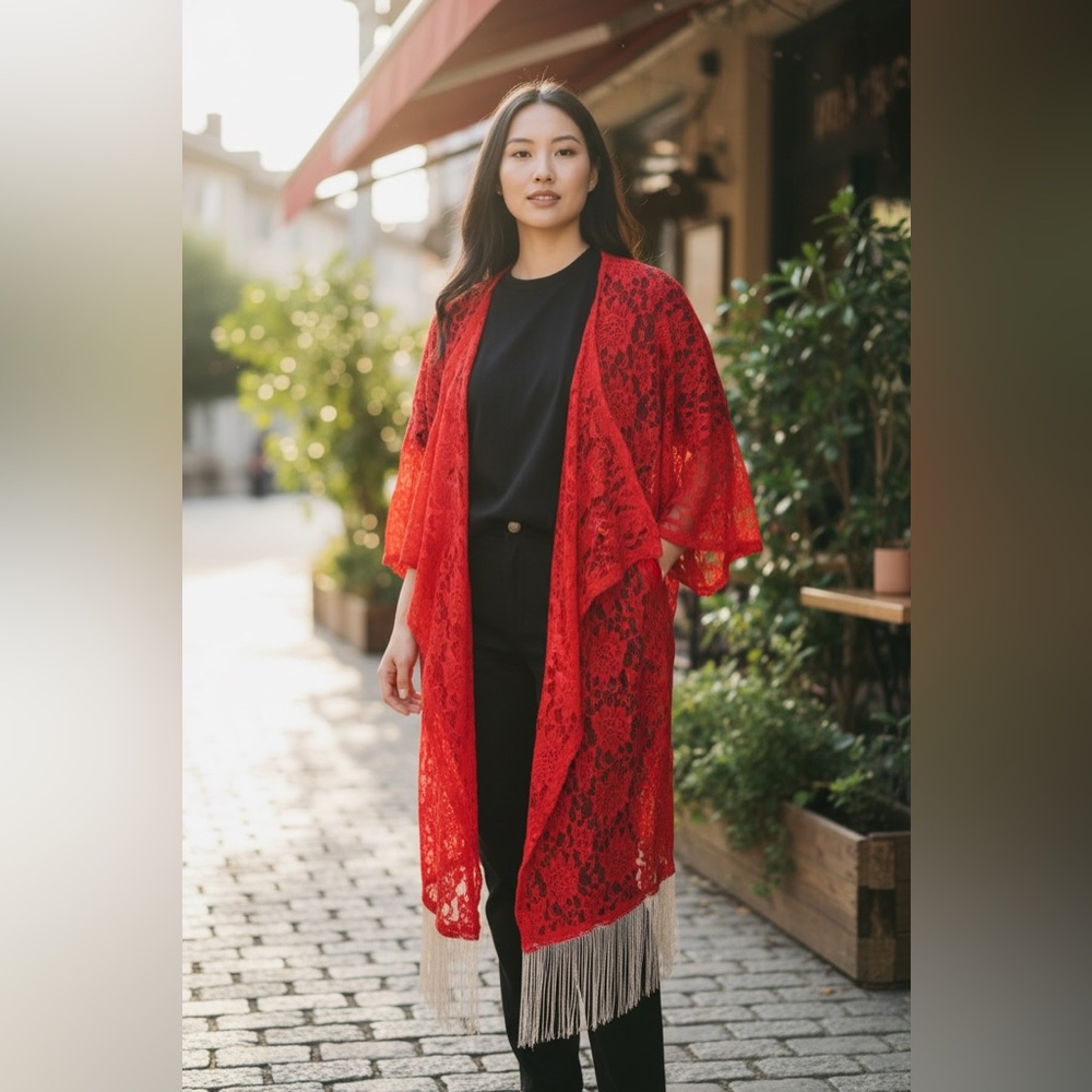 NEW•L•Rare Red Lace Monroe Kimono & Cream Fringe